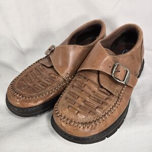 Dr Scholls Loafer Leather Brown Buckle Strap Woven on Vamp Thick Sole Women's 8